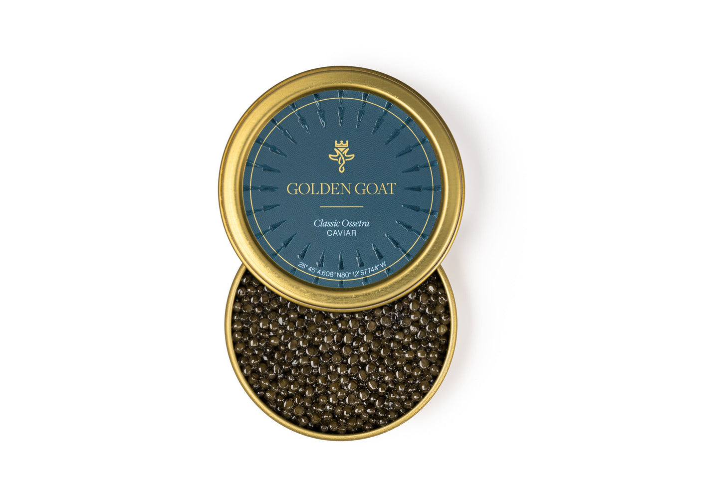 Caviar in a Golden Goat container on a white background